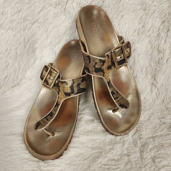 Prada Gold Brocade Buckle HTF Thong Sandals Size 9 - Picture 1 of 10